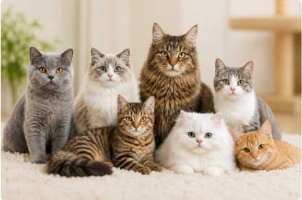Verschiedene Katzen gemeinsam auf einer Decke